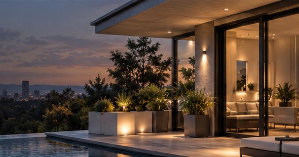 Illustrative architectural concept of a contemporary property with a warmly lit terrace